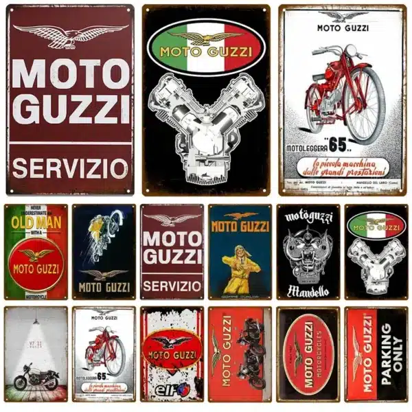 Plaque métallique Moto Guzzi rétro – déco garage vintage, fan art non officiel, idée cadeau motard