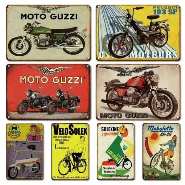 Plaque métallique moto vintage – déco murale rétro garage, fan art non officiel, Solex, Mobylette, Moto Guzzi