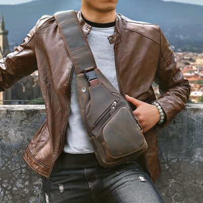 sac bandoulière en cuir vintage pour homme – style biker, épaule ou poitrine – modèle Crazy Horse