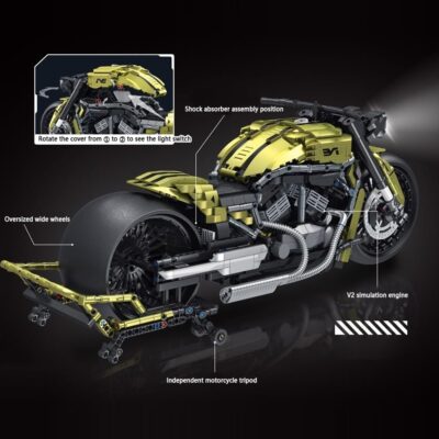 Kit moto MOC – Maquette technique 2427 pièces 1:5 à assembler, modèle collection noir & or