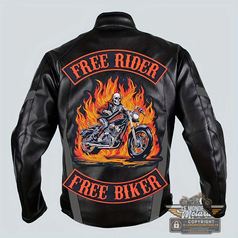 patch brodé moto 3 pièces – FREE RIDER | Écusson biker à repasser ou coudre sur gilet cuir, sac, ceinture ou veste motard
