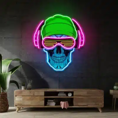Enseigne néon tête de mort LED – crâne coloré avec casque – déco murale chambre gaming ou bar – fan art non officiel