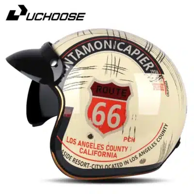 Casque moto rétro Route 66 café racer DOT visière ouverte – look vintage USA pour Harley, déco motard