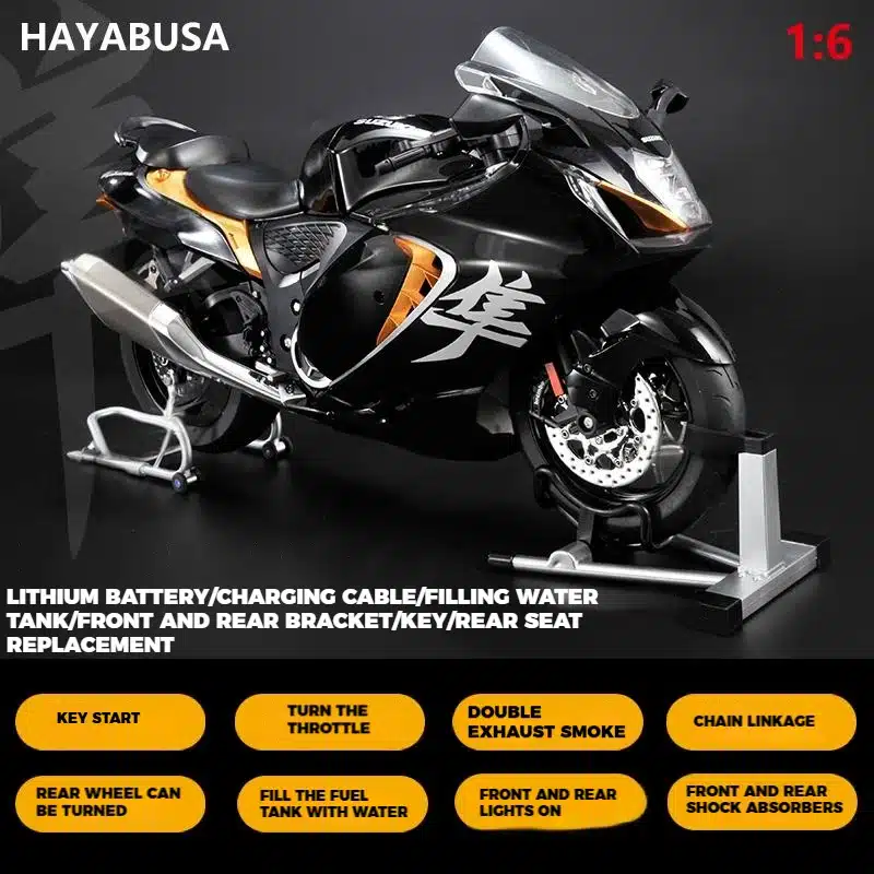 Modèle moto Suzuki Hayabusa 1:6 miniature GSX-1300R blanc avec spray et bruit moteur