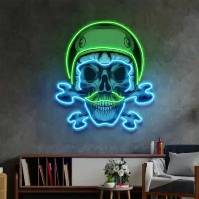 enseigne néon crâne motard – LED verte & bleue – déco murale biker bar rock – tailles 35 à 60 cm –