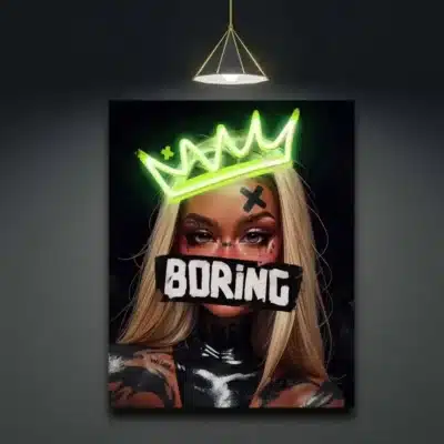 enseigne néon Boring – visage femme & couronne LED – déco pop art fluo murale – choix couleurs & tailles – fan art non officiel