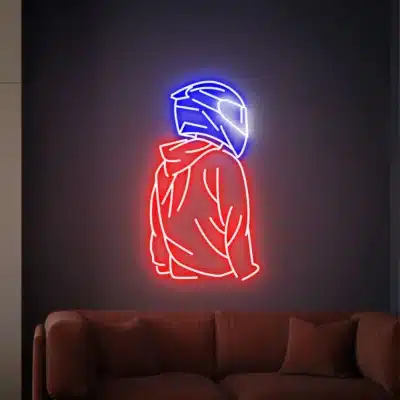 enseigne néon LED motard – déco murale casque moto – lumière ambiance garage ou salon – 45 à 70 cm