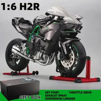 modèle moto kawasaki H2R 1:6 – édition grand spray noire et verte avec bruit moteur, déco racing ou cadeau motard haut de gamme