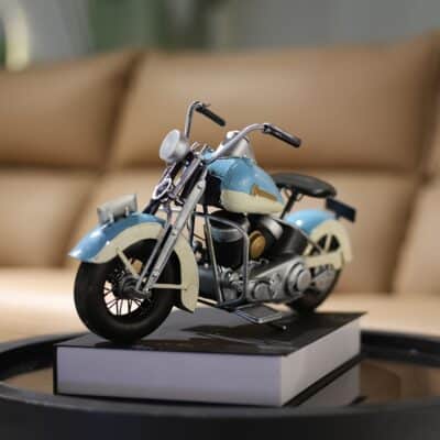 Modèle moto vintage bleu – Miniature en métal artisanal style rétro 25 cm