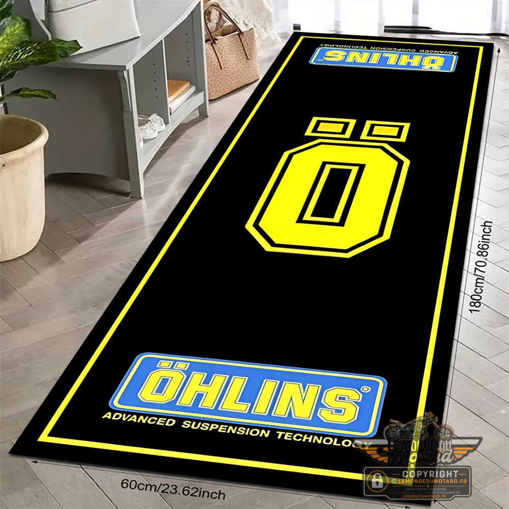 tapis stationnement moto noir jaune style Öhlins – déco garage ou intérieur, polyester lavable, look racing moderne, antidérapant