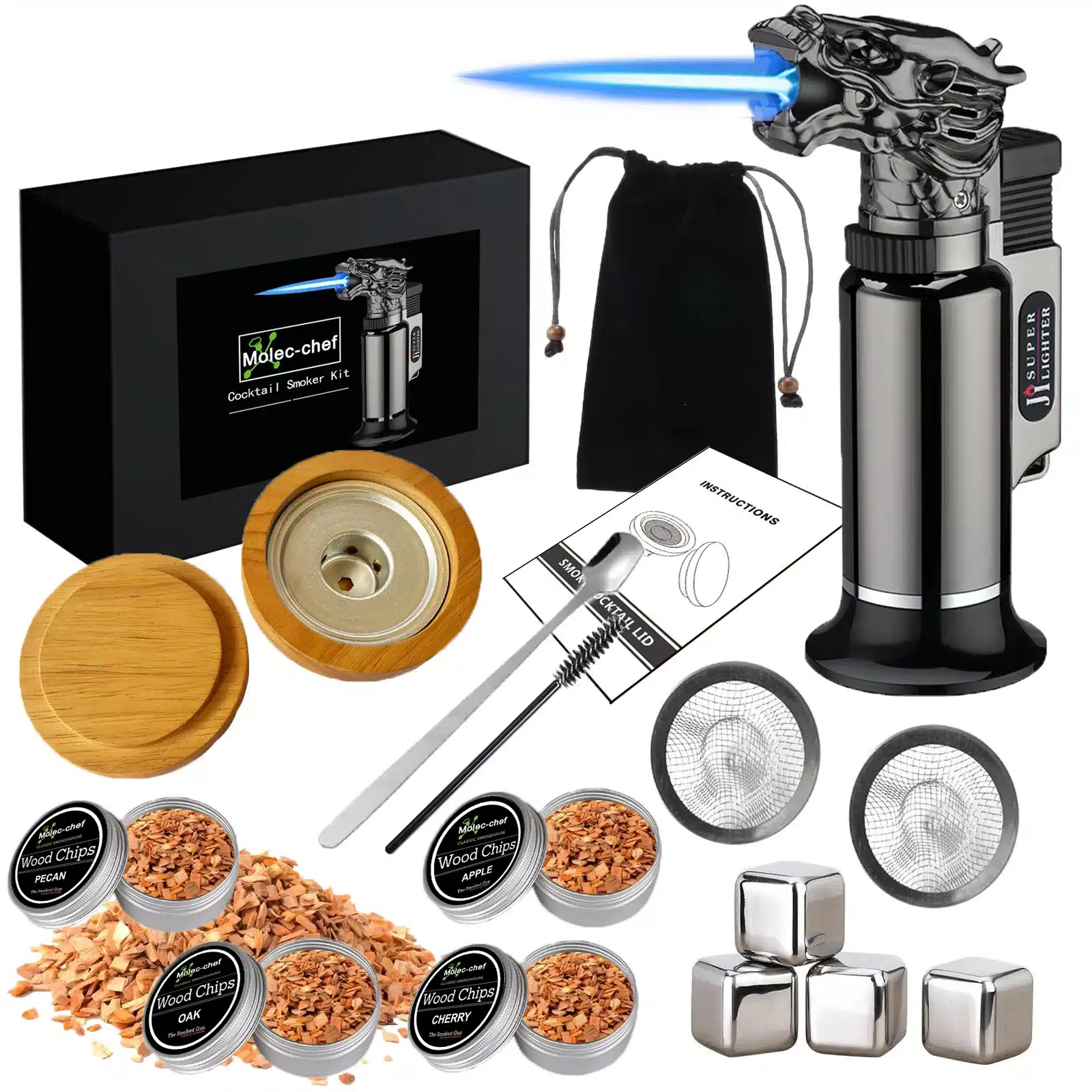 Kit Fumoir à Cocktail Et Whisky - Avec 6 Copeaux De Bois (poire, Noyer, Pêche, Etc.), Dôme, Briquet Et Outils - Pour Aromatiser Boissons à La Maison