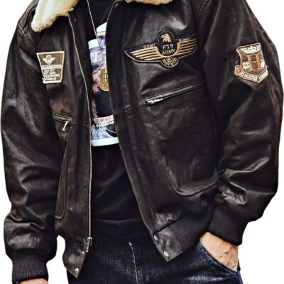 Veste bomber homme cuir véritable col fausse fourrure amovible