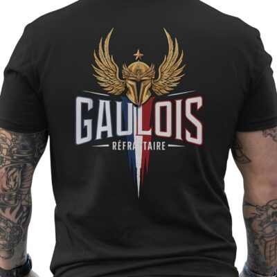 T-shirt Celtic Heritage pour hommes - Noir avec lettrage Gaulois & Impression de guerrier gaulois sur le dos, Couleurs du drapeau français (Bleu/Blanc/Rouge), Manches courtes à col rond de style bohème, Coupe confortable toutes saisons pour événements décontractés et à thème - Design Gaulish Prid
