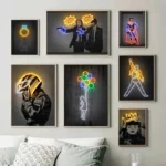 affiche moto néon sur toile montée sur cadre bois, option LED réelle