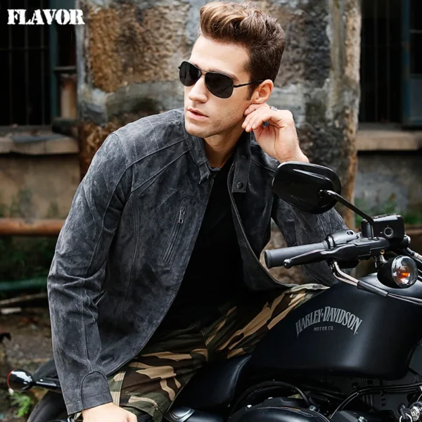 blouson moto cuir homme gris en cuir véritable pour l’hiver