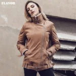 blouson moto cuir femme marron doublure effet fourrure