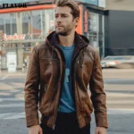 veste moto cuir homme marron style biker avec capuche