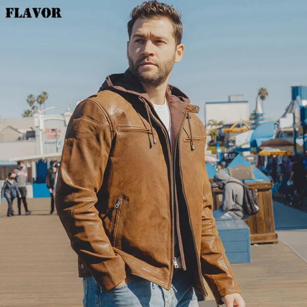 veste moto cuir homme marron et noir en cuir de vachette avec capuche amovible