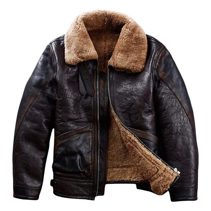Blouson cuir homme hiver style aviateur en véritable peau de mouton marron foncé