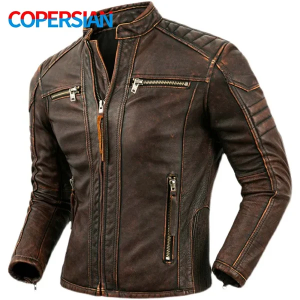 veste moto cuir homme col montant en cuir de vachette