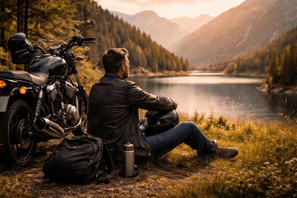 Motard en pause au bord d’un lac avec sa moto, symbole d’évasion, de liberté et de bien-être à moto