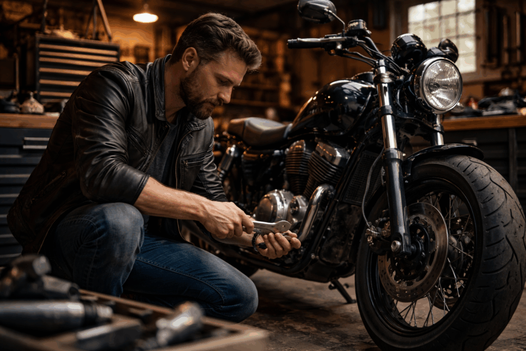 Motard en train de faire l’entretien de sa moto dans son garage