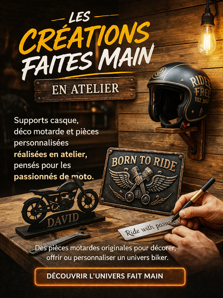 Cadeau motard fait main — porte-casque mural artisanal Le Monde du Motard