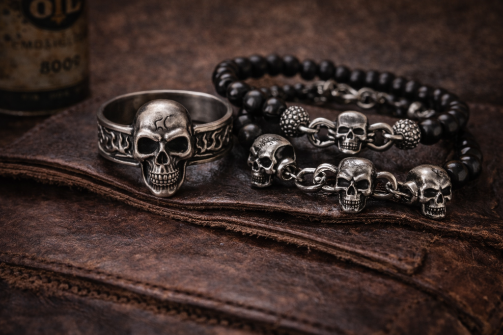 bracelet motard bijoux biker tête de mort style moto