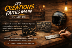 créations motard faites main en atelier avec support casque mural et décoration moto personnalisée