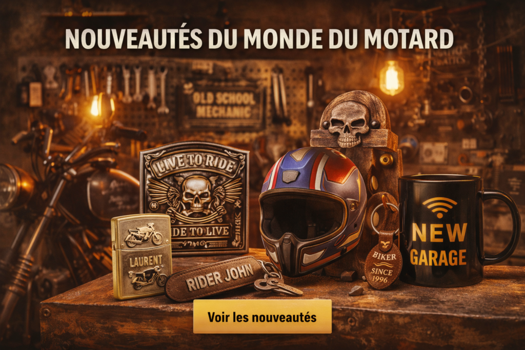 nouveautés motard avec décoration moto, casque et accessoires moto en ambiance atelier biker