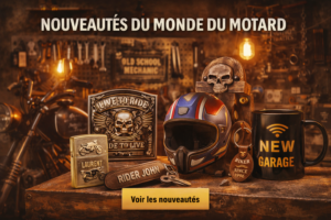nouveautés motard avec décoration moto, casque et accessoires moto en ambiance atelier biker