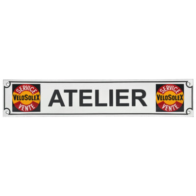 PLAQUE EMAILLEE BOMBEE ATELIER SOLEX 410x80mm SERVICE VELOSOLEX VENTE