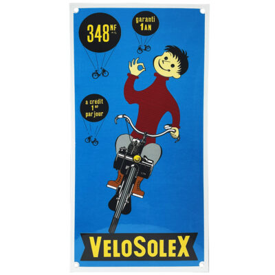 PLAQUE EMAILLEE BOMBEE SOLEX 200x400mm VELOSOLEX FOND BLEU