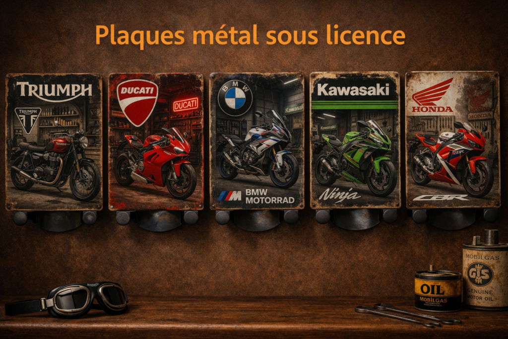 plaques métal moto Triumph Ducati BMW Kawasaki Honda vintage déco garage motard