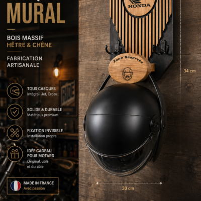 porte casque mural en bois massif personnalisé pour motard avec support casque moto