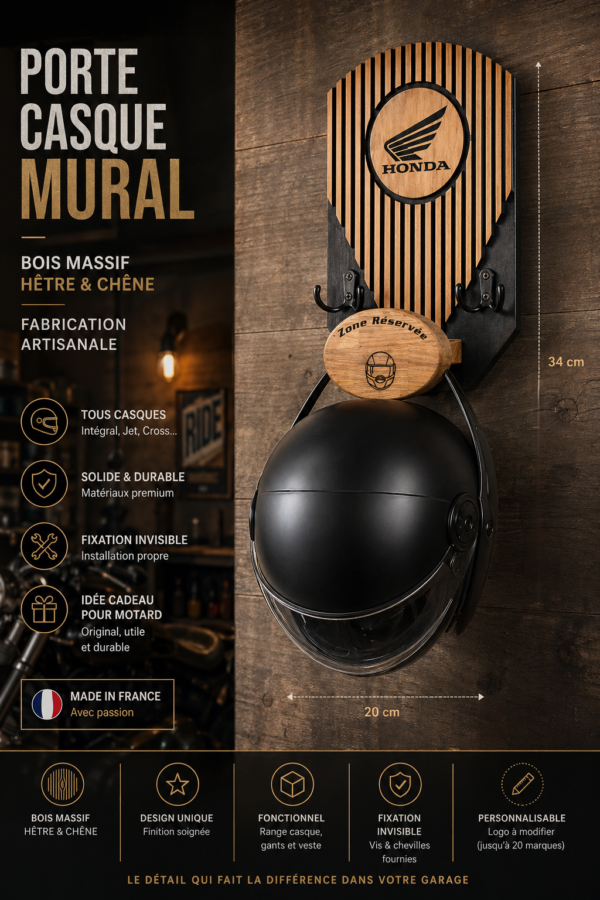 porte casque mural en bois massif personnalisé pour motard avec support casque moto