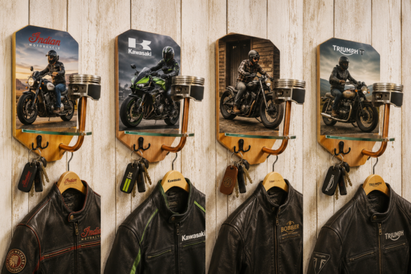 Porte casque mural personnalisable avec visuels Indian Kawasaki Triumph et Bobber style garage moto premium