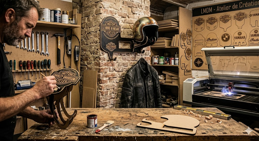 porte-casques moto fait main atelier Le Monde du Motard