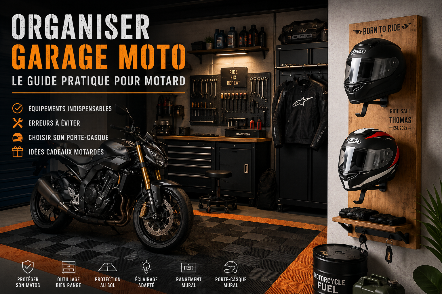 garage moto bien organisé avec porte-casque mural