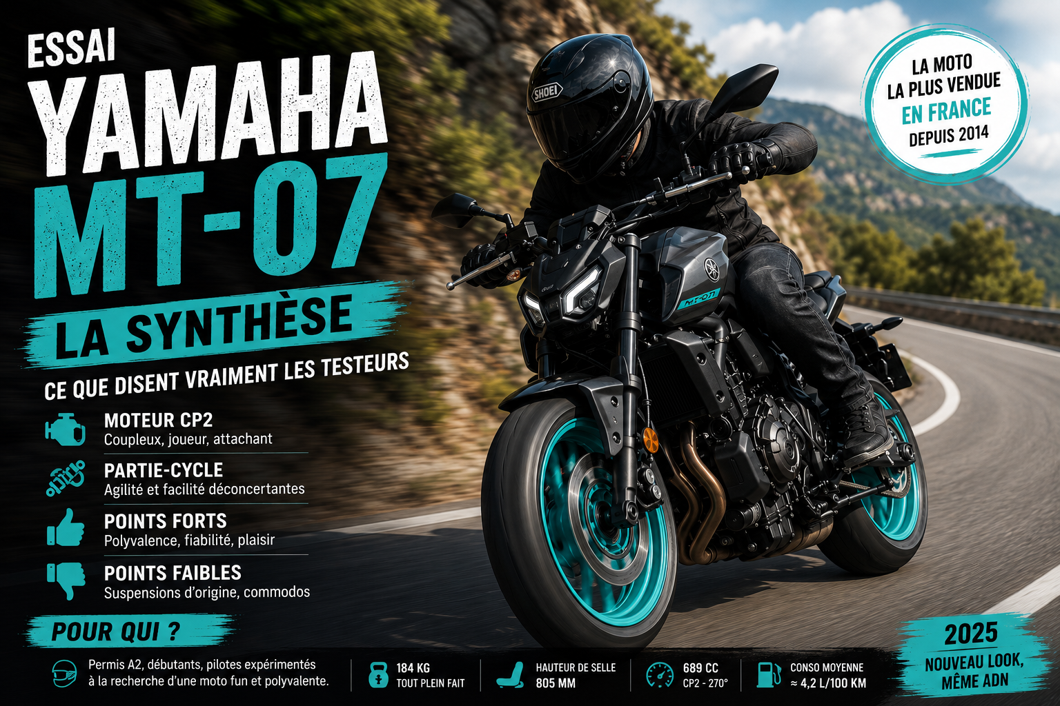 vue trois-quarts avant de la Yamaha MT-07 en mouvement sur route sinueuse, angle dynamique