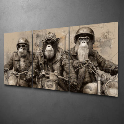 Triptyque mural moto artisanal - Décoration toile 3 pièces grand format cadre bois