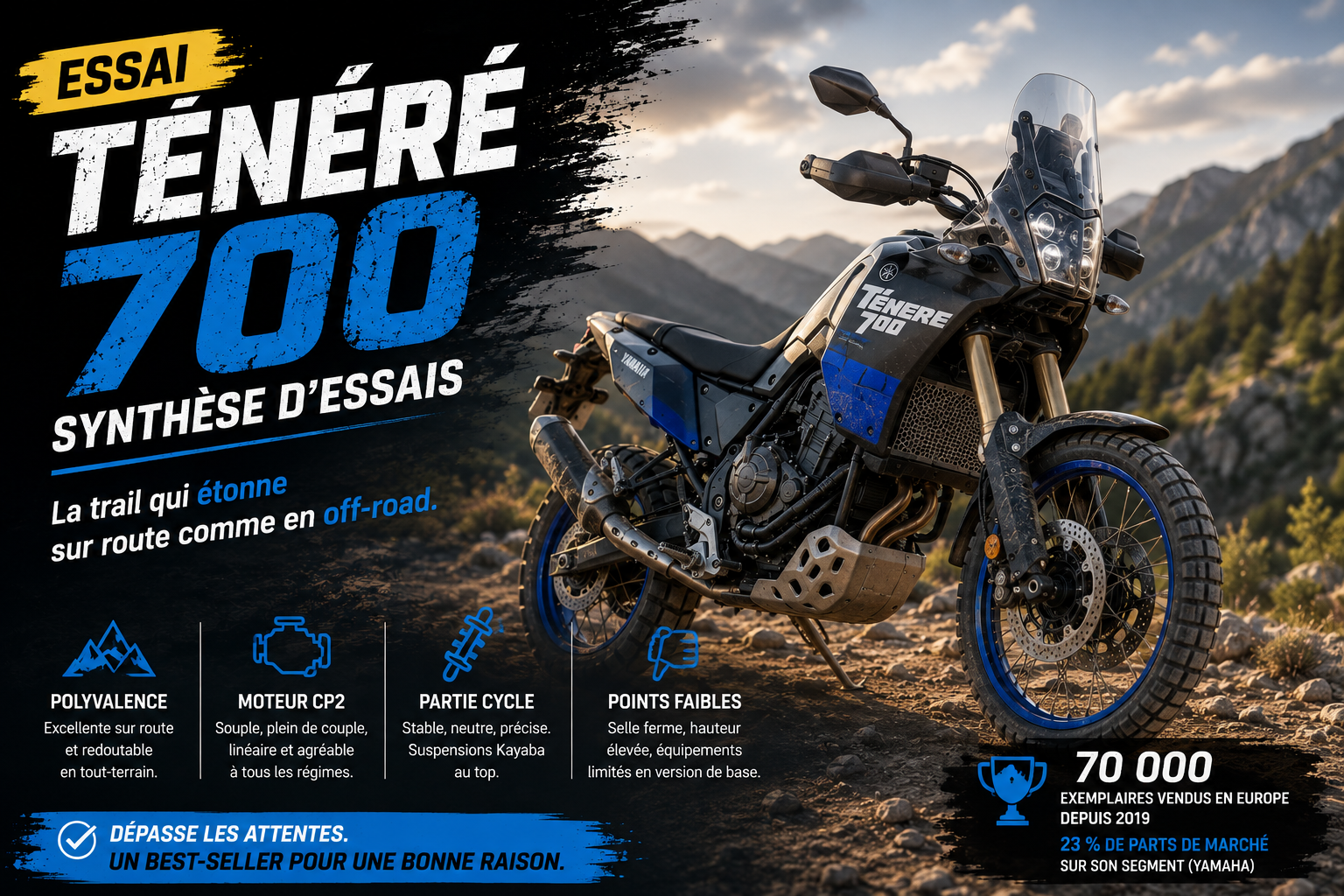 essai Tenere 700 — vue trois-quarts avant de la Yamaha Ténéré 700 en milieu tout-terrain, position debout au guidon