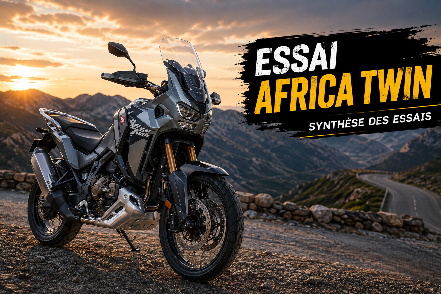 Honda CRF1100L Africa Twin vue trois-quarts avant sur route sinueuse, forêt ou paysage aventure en arrière-plan