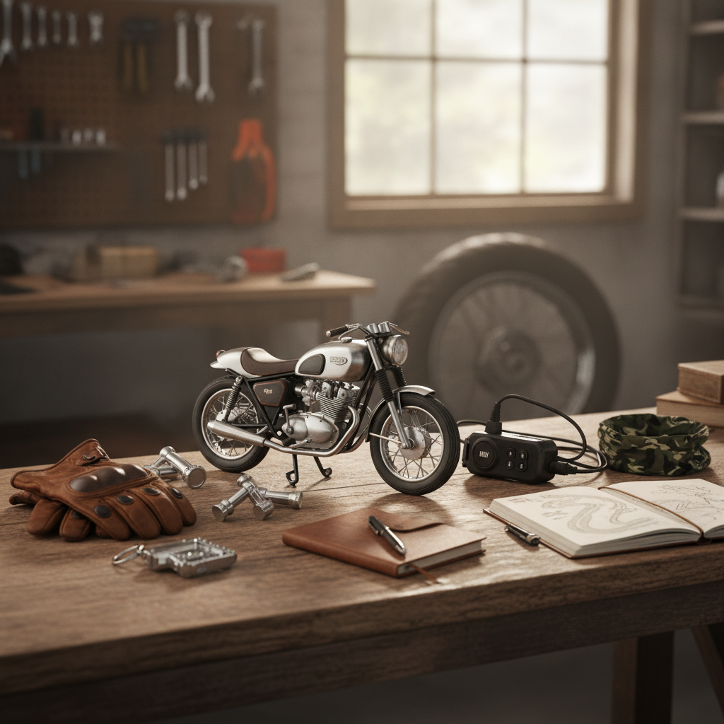 Vue d'ensemble de cadeaux moto posés sur un établi de garage : miniature, intercom, accessoires — ambiance authentique et chaleureuse