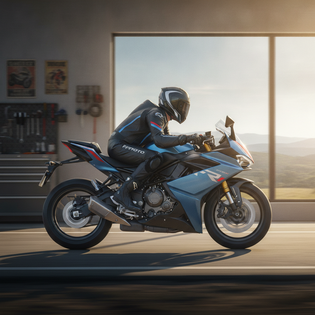 essai CFMOTO 675SR-R — vue de profil en action sur circuit
